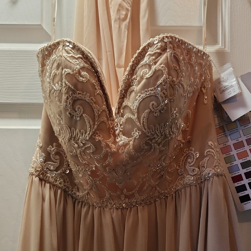 Elegant Beaded Strapless Evening Gown in Champagne